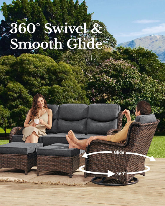 HILLGA Luxury Patio Furniture Set with 6-inch Thick Cushion, Outdoor Couch and High Back Swivel Rocker Patio Chairs, 8PCS Wicker Conversation Set for Deck Yard and Poolside, Dark Grey (V2)