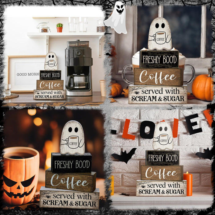 Lineshading 4 Pcs Halloween Coffee Table Decor Wooden Ghost Coffee Bar Sign