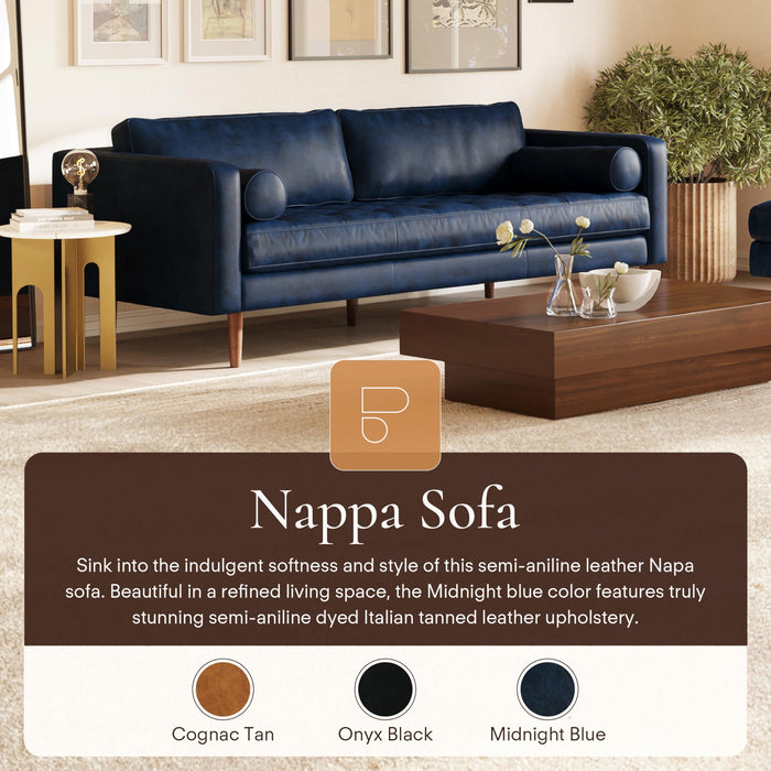 Poly & Bark Napa Leather Couch - 88.5-Inch Office Sofa with 2 Bolsters - Full-Grain Leather Sofa for Living Room with Feather-Down Topper - Living Room Couch - Vintage Italian Leather in Midnight Blue
