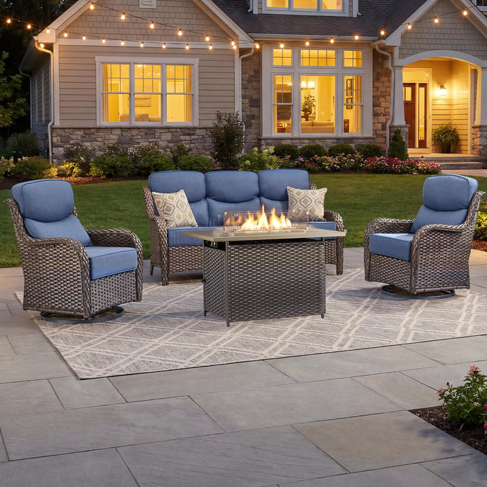 Luxury Patio Furniture Set with 6-inch Thick Cushion, Outdoor Furniture with Fire Pit Table, Swivel Chairs, Sofa, 4pcs Wicker Conversation Set for Deck Yard and Poolside(Brown Wicker | Blue Cushion)