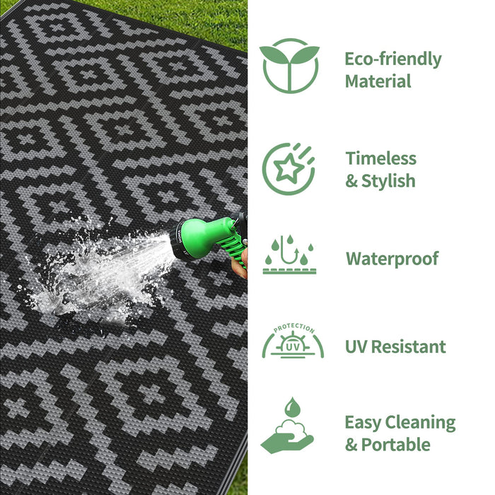 GENIMO Outdoor Rug for Patio Clearance,6'x9' Waterproof Mat,Reversible Plastic Camping Rugs,Rv,Porch,Deck,Camper,Balcony,Backyard,Black & Gray