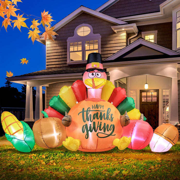 Domkom 8FT Thanksgiving Inflatable Turkey Happy Thanksgiving Sign Yard