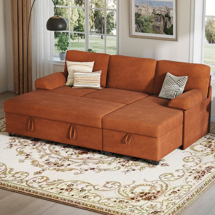 COPIAE 80 inch Convertible Sectional Sofa, L-Shaped Sofa Sleeper with Reversible Chaise,Couch Bed with Storage,Removable Armrest,Modern Pull Out Bed for Living Room Bedroom,Corduroy Rust