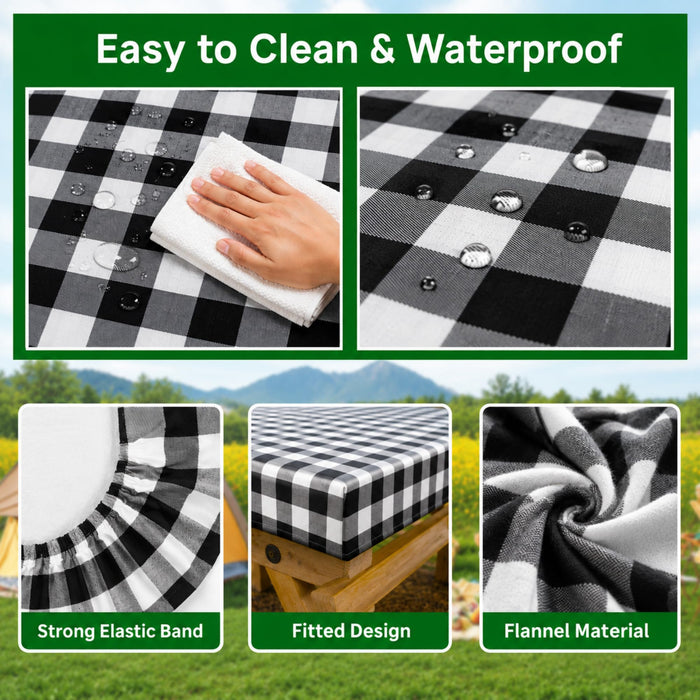 RNOONY Vinyl Fitted Picnic Table Cover with Bench Covers and Bag, 6ft Outdoor Waterproof Windproof Tablecloth with Elastic Edges. Camping RV Gear Campers Must Have 72x30 Inches 4 Pcs Set (Black)