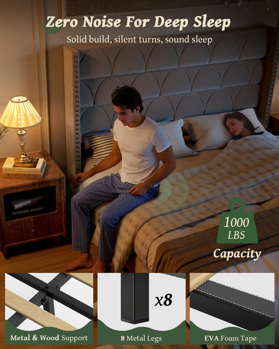 OHOHOLIVE King Size Bed Frame with 56" Headboard - Velvet Upholstered Wingback Platform Bed Frame, Noise Free, Sturdy Wooden Slat Support (Deep Gray, King)
