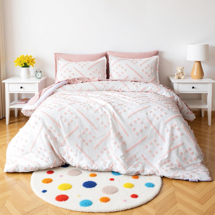 Amazon Basics Kids' Pink Bedding Set, 7-Piece Jacquard Microfiber Bed-in-a-Bag with Comforter, Fitted Sheet, Flat Sheet, Pillowcases, Pillow Shams, Deep Pocket 16", All-Season, Pink Tufted, Full/Queen