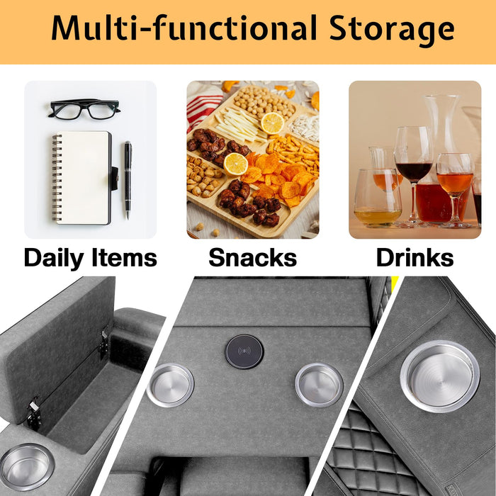 Jocisland Home Theater Seating Seats, Dual Motor Movie Loveseat Recliner Chair with USB Wireless Charging, Theatre Reclining Sofa for Media Room w/Electric Headrest, Ambient Lighting, Fold Down Table