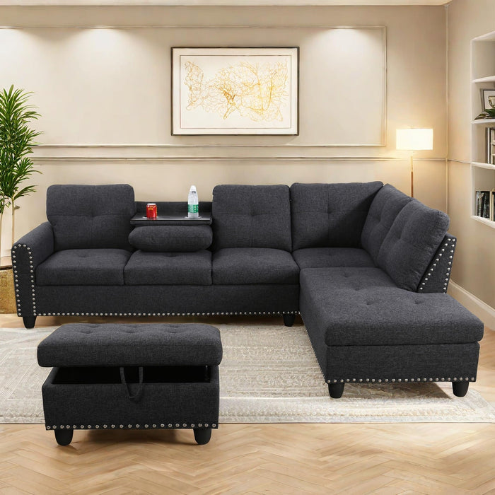 ChicFurnit L Shaped Sectional Couches, Modular Sectional Sofa with Ottoman Storage, Nail-Head Design Lounge Sofa with Reversible Cup Holder for Living Room, Bedroom, Gray