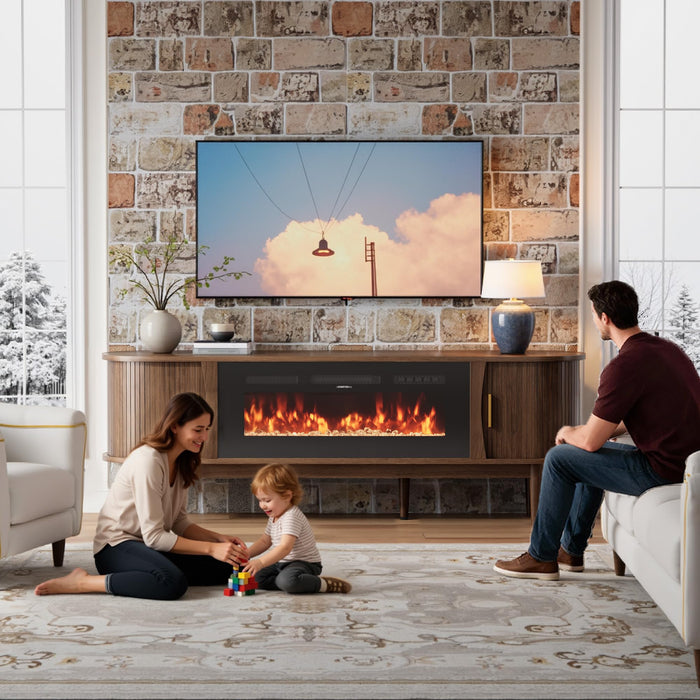 Decofy 70″ Fluted Fireplace TV Stand for 80″ TVs, Entertainment Center with Fluted Sliding Tambour Doors & Adjustable Shelves, Modern Media TV Console Table for Living Room(Walnut)