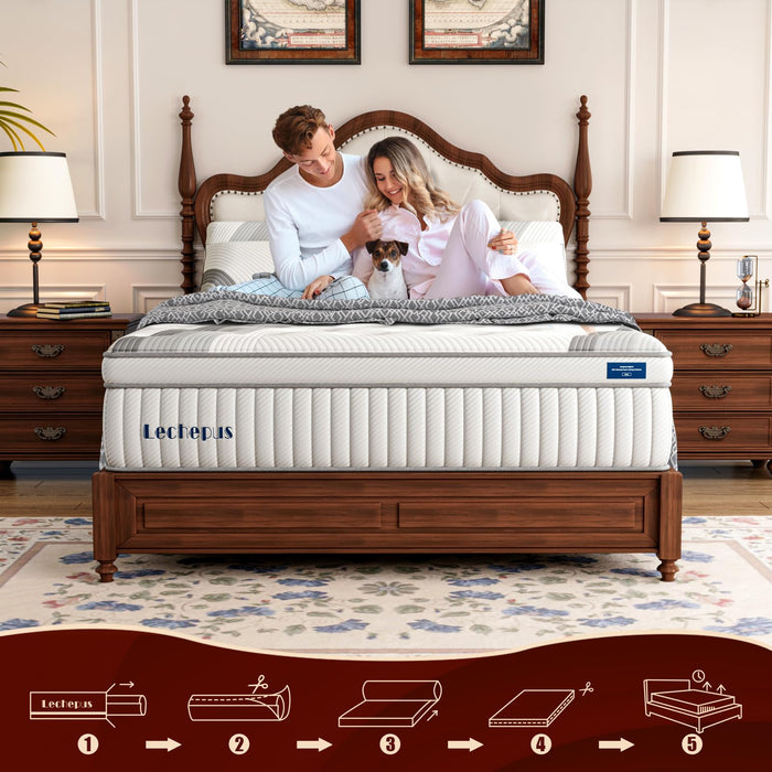 Lechepussleep Queen Mattress,14 Inch Queen Hybrid Mattress Medium Plush MDI Memory Foam & Pocketed Coils, Pressure Relief, Breathable Fabric, Enhanced Edge Support, 120 Trial, Bed-in-a-Box