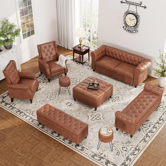 FiveWillowise 72 Inch Brown Couch, Chesterfield Faux Leather Sofa with Wooden Legs, Vintage Tufted Sofa with Rolled Arms, Mid Century Modern Couch with Rivets for Living Room, Apartment, Office