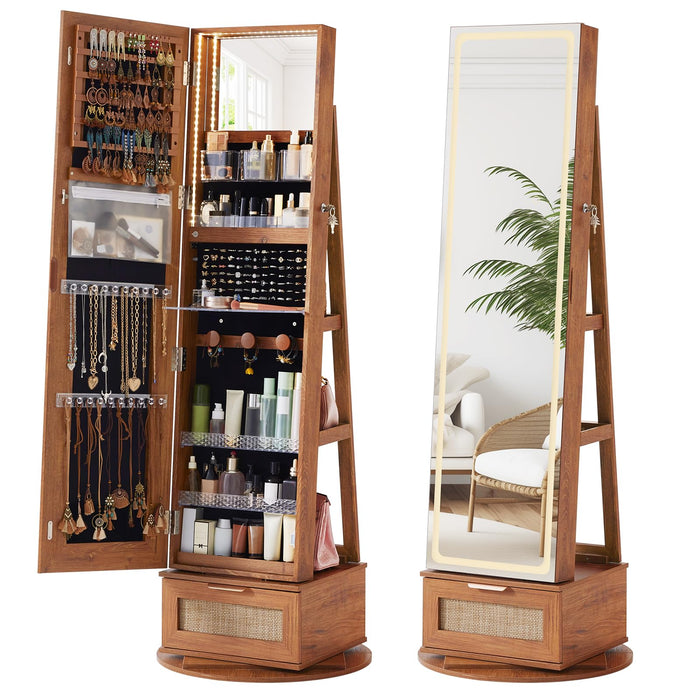 Joaxswe Rattan 360° Swivel Jewelry Armoire Standing with Full Length Mirror