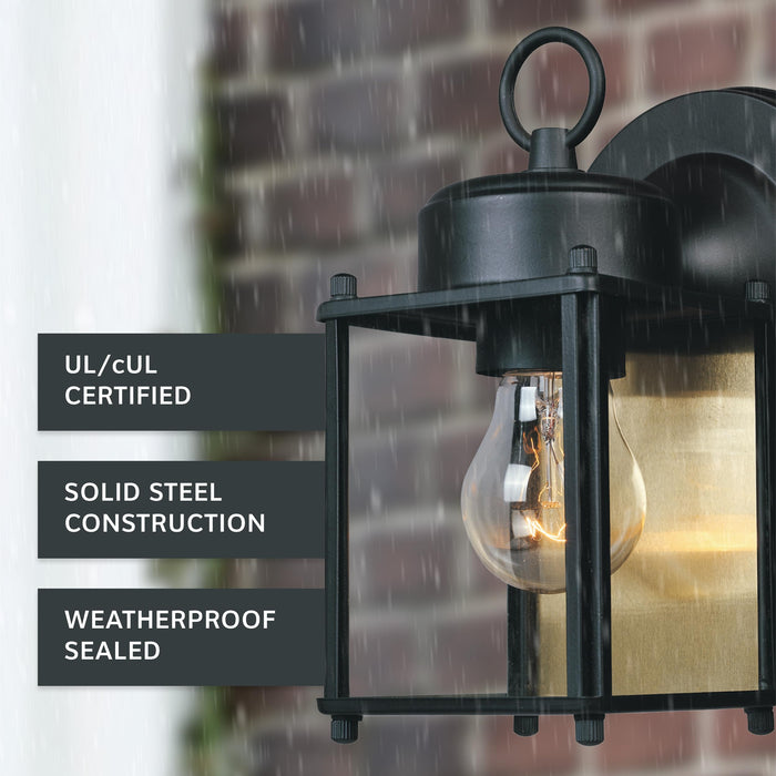 DESIGNERS FOUNTAIN Preston Outdoor Light Fixture, 8 Inch, Exterior Wall Mount Lantern Sconce, Clear Glass Porch Lights for Front Door, Patio, and House Garage, Black, 1161-BK