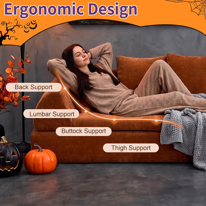 HUIVOME 104" Curved Boneless Couch, 5 Pillows, No Assembly Required, Orange