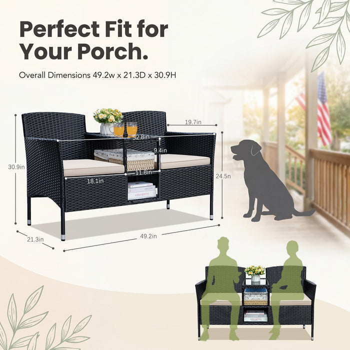 Devoko Outdoor Patio Loveseat Rattan 2-Seat Patio Conversation Set, Beige