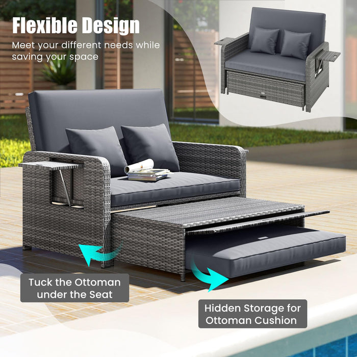 Tangkula Patio Rattan Daybed with 4-Level Adjustable Backrest, Outdoor PE Wicker Loveseat with Storage Ottoman & Folding Side Table, Double Sunbed for Balcony, Backyard & Poolside, Grey