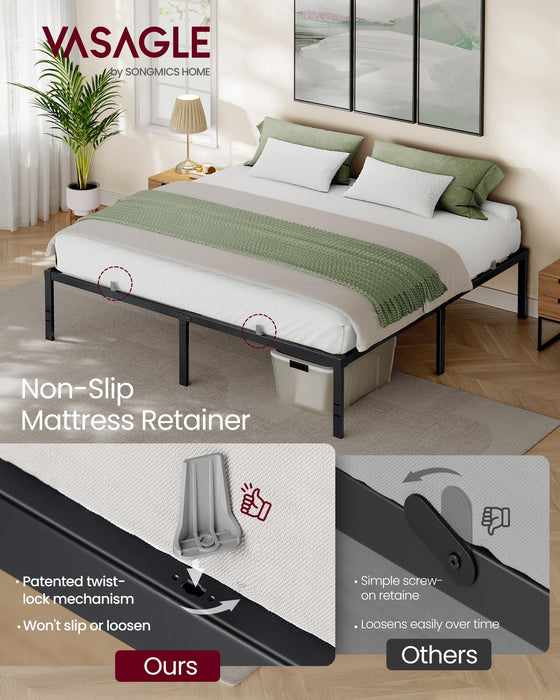 VASAGLE King Metal Bed Frame 18 Inches Tall, 1100 lb Weight Capacity, No Box Spring Needed, with Under-Bed Storage, Easy Setup, Heavy-Duty Platform Bed, Mattress Retainers, Matte Black URMB674BD02S
