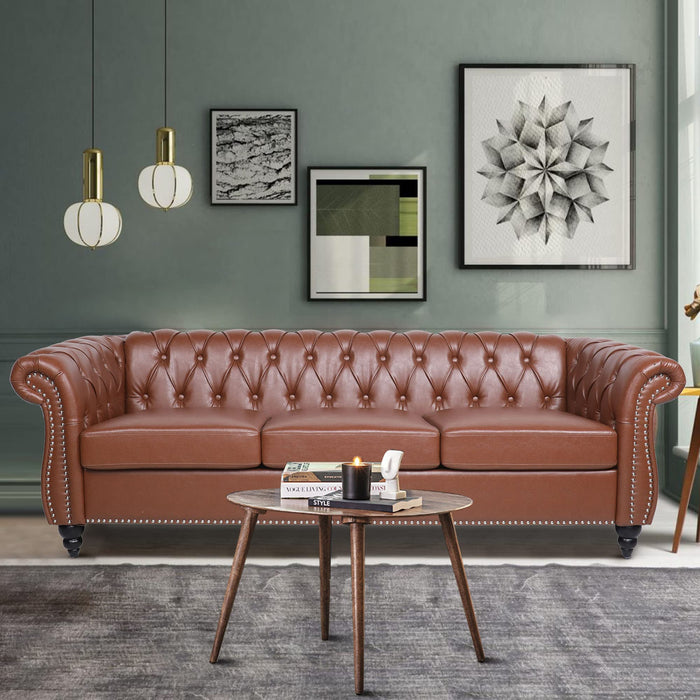 ONCIN Chesterfield Sofa Leather for Living Room, 3 Seater Sofa Tufted Couch Faux Leather with Rolled Arms & Nailhead for Living Room, Bedroom, Office, Apartment (Brown)