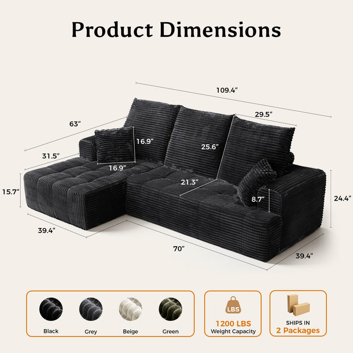 Markicks Boneless Couch, 109" Modular Sectional Sofa, L Shaped Cloud Couch