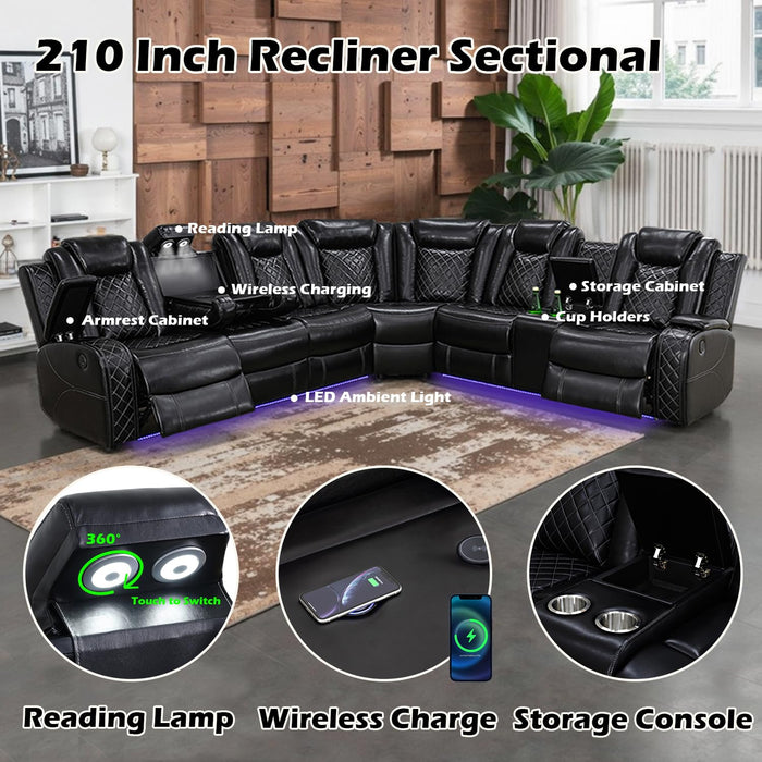 SIENWIEY Power Recliner Sectional Sofa Set with Coffee Table, Leather Reclining Sectional Couch with LED Lights,48" Mid Century Modern Coffee Table, Recliner Sofa Set for Living Room Furniture Sets