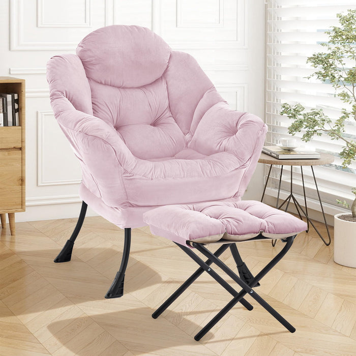 Zedachica Lazy Chair with Ottoman, Lounge Reading Chair for Adults, Modern Upholstered Accent Armchair with Foot Stool, Leisure Living Room Chair with Side Pocket for Dorm, Bedroom, Pink