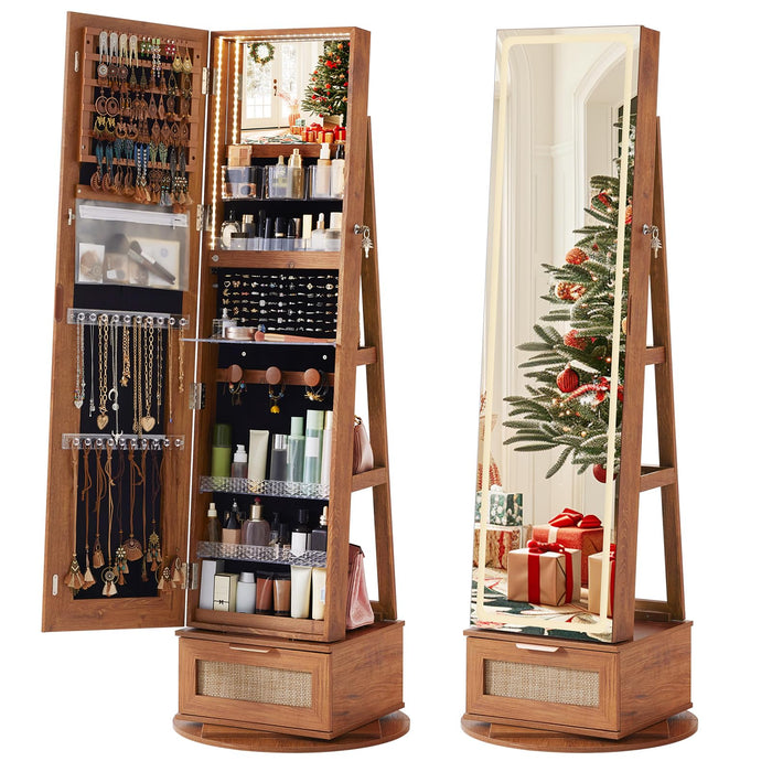 Joaxswe Rattan 360° Swivel Jewelry Armoire Standing with Full Length Mirror