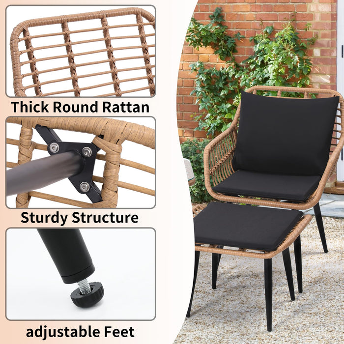 KROFEM 5 Piece Wicker Bistro Patio Conversation Furniture Set, Includes 2 Chairs, 2 Ottomans, and Side Table, Ideal for Porch, Balcony, Deck, Backyard, Natural