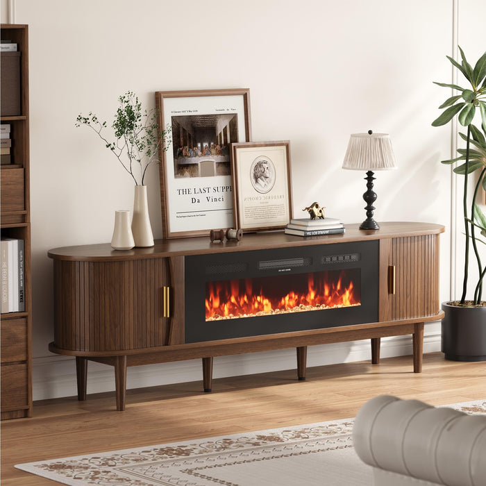 Decofy 70″ Fluted Fireplace TV Stand for 80″ TVs, Entertainment Center with Fluted Sliding Tambour Doors & Adjustable Shelves, Modern Media TV Console Table for Living Room(Walnut)