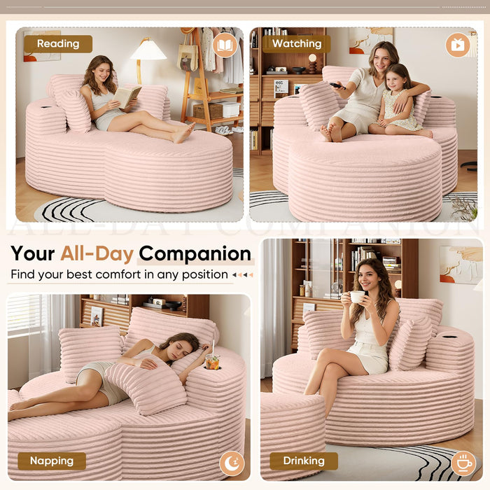 Oversized Round Chaise Longue Chair with Ottoman, Modern Corduroy Deep Seat Circle Single Cloud Boneless Floor Accent Chair w/Cup Holders for Living Room, Bedroom Apartment, 55" W * 74.6" D, Pink
