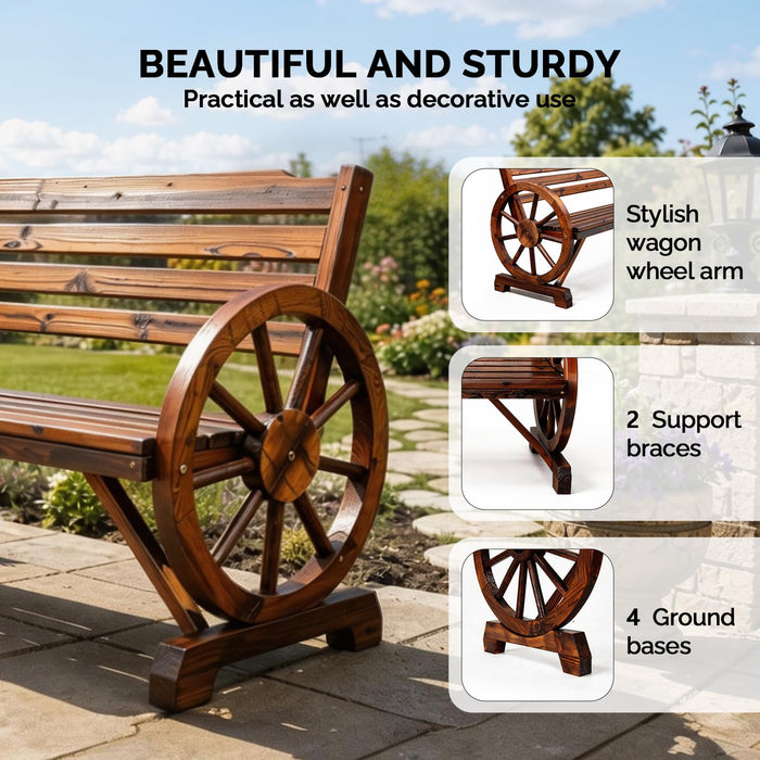VINGLI Rustic Wooden Wheel Bench Outdoor Bench, Patio Bench Wagon Slatted Seat, Garden Benches for Outdoors 350lbs High Capacity, Weather Resistance (Rustic, 55in)