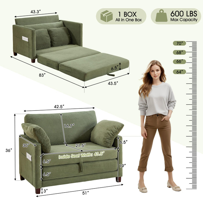 kakuboohi 51" Loveseat Sleeper Sofa Bed, Corduroy Convertible Floor Sofa Bed for Small Spaces, Folding Couch Bed with Deep Seat, 2 Pillows & Solid Frame, Pull Out Floor Couch for Living Room, Green
