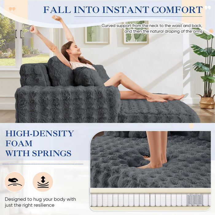Antetek Oversized Chaise Lounge Indoor, Modern Comfy Bubble Faux Fur Fabric Deep Seat Boneless Sleeper Chaise Lounge Sofa Chair with Pillows for Living Room Bedroom Studio, No Assembly Couch, Grey