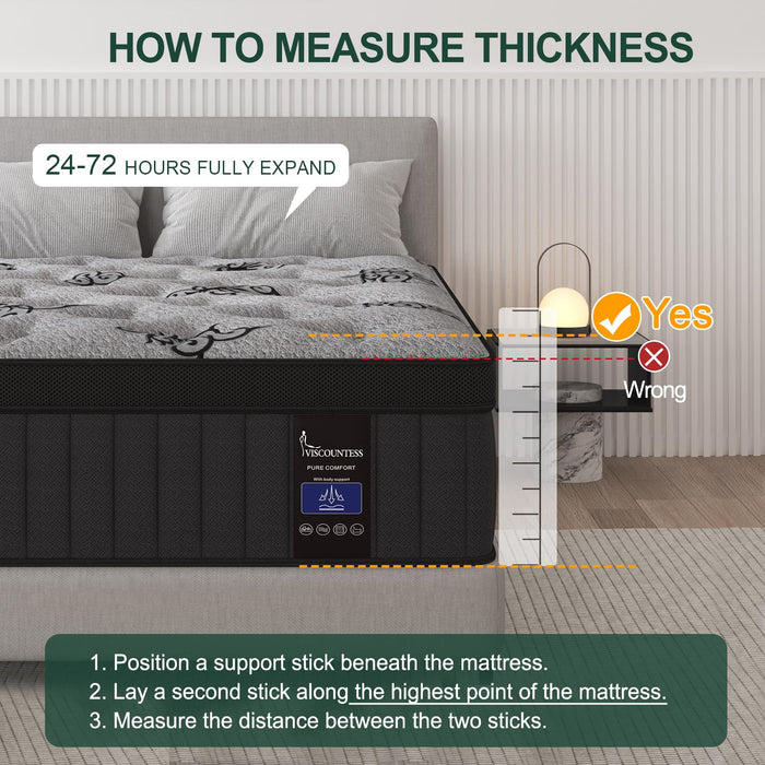 VISCOUNTESS Queen Mattress, 14 Inch Hybrid Mattresses Bed in a Box with Gel Memory Foam & Pocket Spring, Euro Top, Medium Firm for Back Support & Pressure Relief, Motion Isolation, Grey