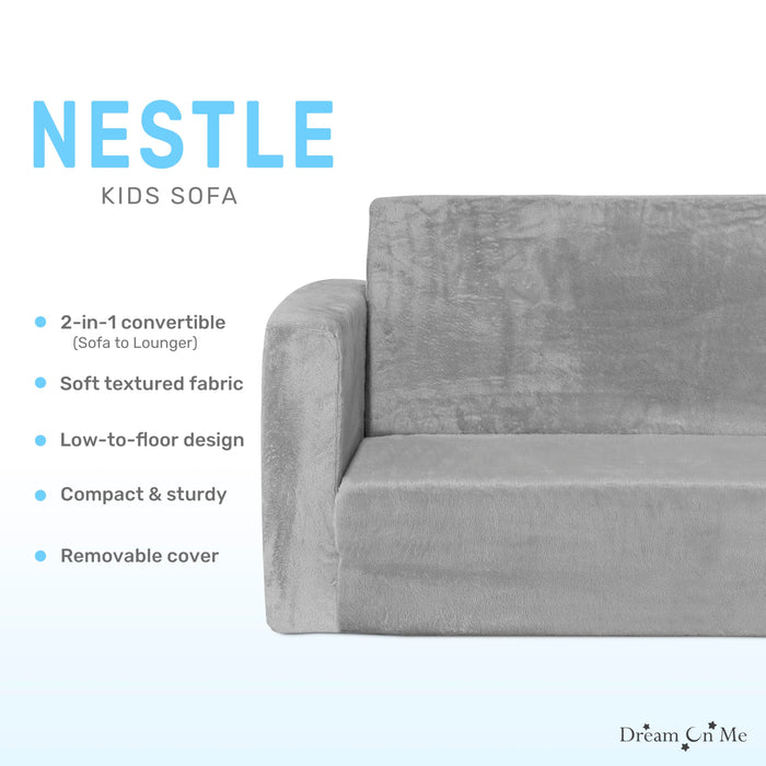 Dream On Me Nestle Kids Sofa in Grey, 2-in-1 Kids Sofa Couch, Convertible Sofa to Lounger, Low to Floor Design, Machine Washable Fabric Cover