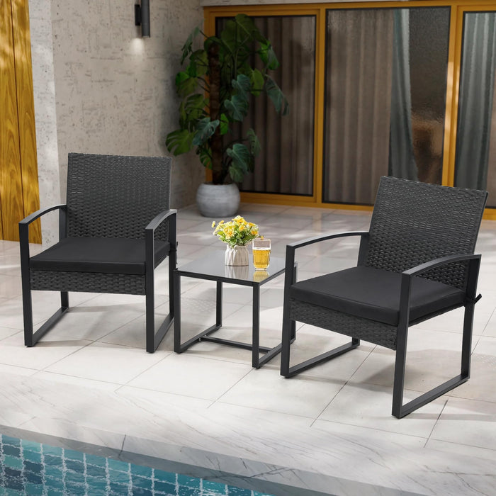 Murago Outdoor 3-Piece Wicker Bistro Set, Rattan Patio Conversation Set with Coffee Table, for Backyard Garden Poolside, Black Frame & Black Cushion