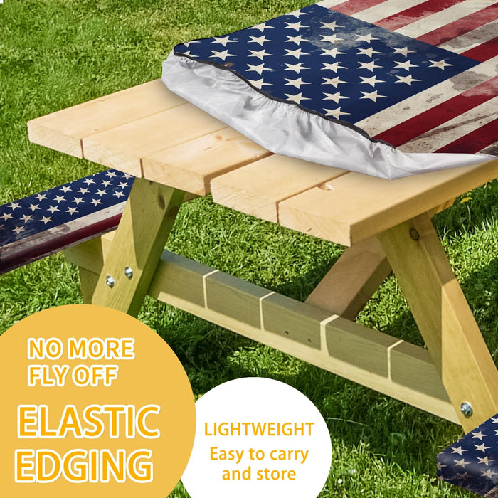 YEYE JUICE Picnic Table Cover with Bench Covers 6FT 3PCS, Camping Essentials, Fitted Camping Tablecloth Waterproof and oilproof with elastic Edge for Indoor Outdoor Patio, Retro American Flag (72inch)