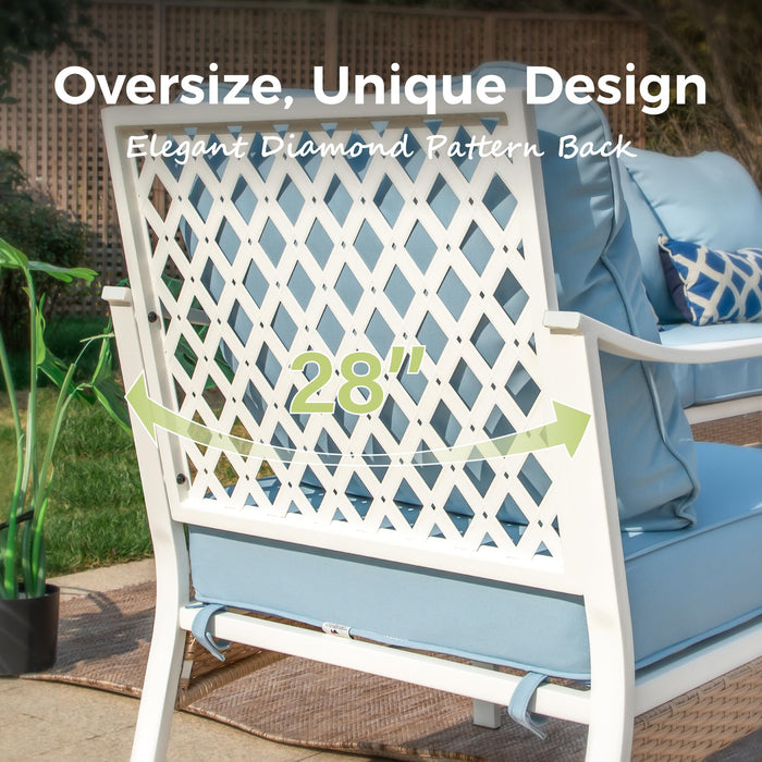 MIXPATIO 6 Piece Patio Furniture Set, 2 x Fixed Chair, 2 x Swivel Chair, 1 x 3-Seat Sofa with Marbling Coffee Table, All Cushioned 7 Seats Outdoor Conversation Set for Lawn Garden Backyard, Blue