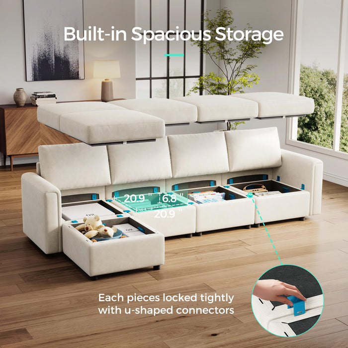 LINSY HOME Modular Sectional Sofa, Convertible L Shaped Sofa Couch with Storage, Memory Foam, Modular Sectionals with Ottomans, 5 Seat Sofa Couch with Chaise for Living Room, White