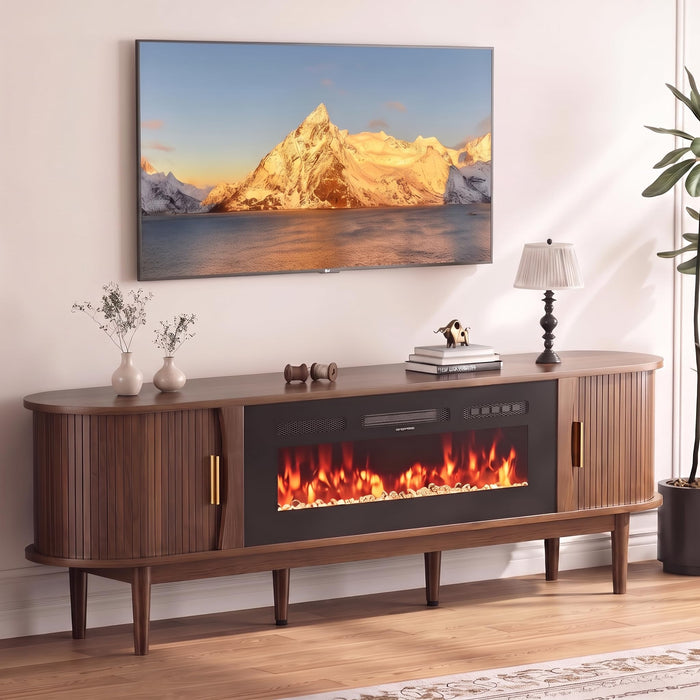 Decofy 70″ Fluted Fireplace TV Stand for 80″ TVs, Entertainment Center with Fluted Sliding Tambour Doors & Adjustable Shelves, Modern Media TV Console Table for Living Room(Walnut)
