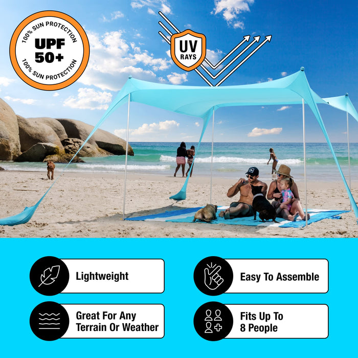 SUN NINJA Pop Up Beach Tent Sun Shelter UPF50+ with Sand Shovel, Ground Pegs and Stability Poles, Outdoor Shade for Camping Trips, Fishing, Backyard Fun or Picnics