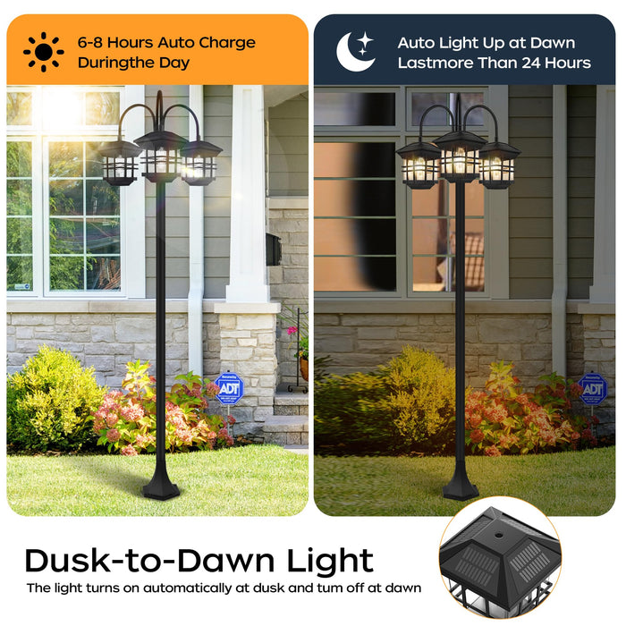 76" Classic Black Solar Lamp Post Lights - 3-Head Waterproof Outdoor Street Lights, Pole Light Decorative Lamp for Backyard, Garden, Driveway, Lawn (LED Bulbs Included)