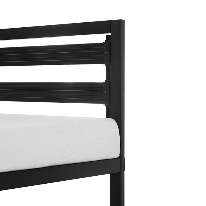 Amazon Basics Industrial Metal Bed Frame with Modern Headboard and Wood Slat Support, 14 Inches High, No Box Spring Needed, Noise-Free, Easy Assembly, Under Bed Storage, Queen Size, Black