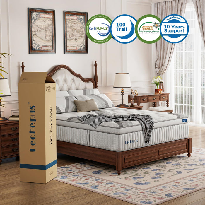 Lechepussleep Queen Mattress,14 Inch Queen Hybrid Mattress Medium Plush MDI Memory Foam & Pocketed Coils, Pressure Relief, Breathable Fabric, Enhanced Edge Support, 120 Trial, Bed-in-a-Box
