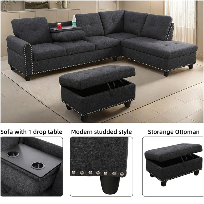 ChicFurnit L Shaped Sectional Couches, Modular Sectional Sofa with Ottoman Storage, Nail-Head Design Lounge Sofa with Reversible Cup Holder for Living Room, Bedroom, Gray