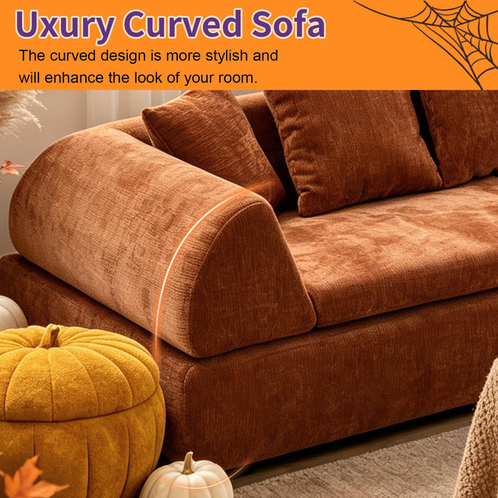 HUIVOME 104" Curved Boneless Couch, 5 Pillows, No Assembly Required, Orange