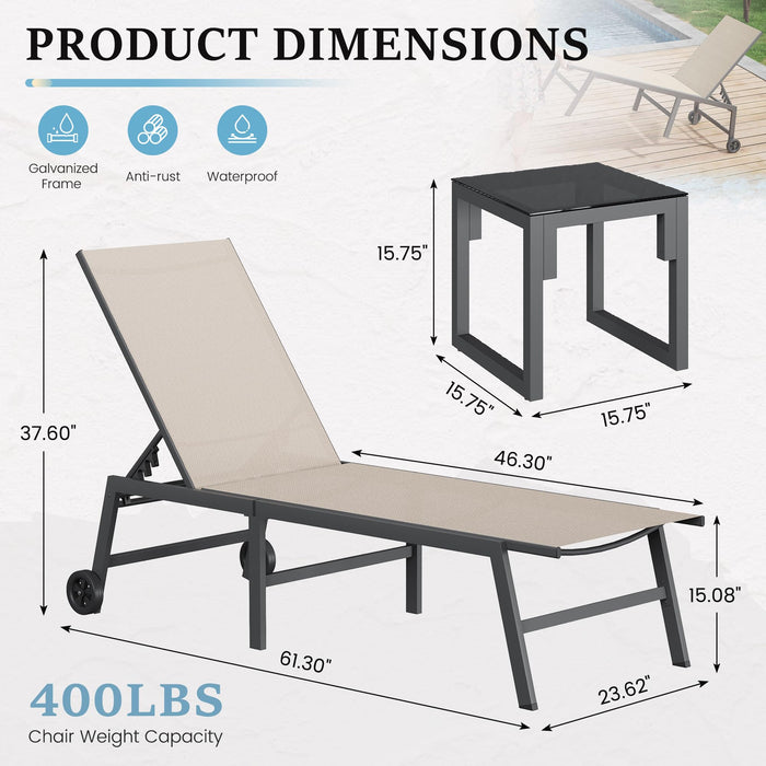 UDPATIO 3 Piece Outdoor Lounge Chair Set 2 Adjustable Textilene Chaise Lounges with Wheels & Side Table 5-Position Reclining Rust Free Patio Chairs for Poolside Backyard Garden Deck Beach
