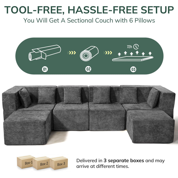 MONVANE Modular Sectional Cloud Couch for Living Room - 130'' 6 Seater Convertible Chenille Couches Set with Ottoman, No Assembly Compression Sofas, Comfy Floor Sofa with Memory Foam, Grey