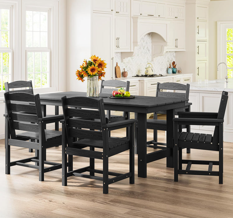 SERWALL 7-Piece Patio Dining Table Sets, Outdoor HDPE Dining Furniture Set with Umbrella Hole Cut-Out Table and 6 Chairs, Black