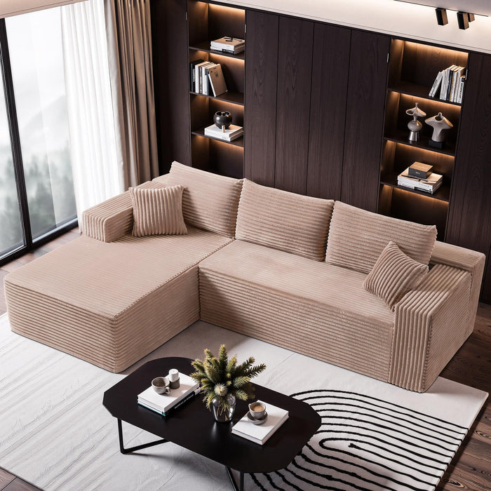 PLIXSET 108" Camel L-Shaped Sectional Couch for Living Room, Modular Corduroy Sofa with Right Facing Chaise, Boneless Deep Seat Design, No Assembly