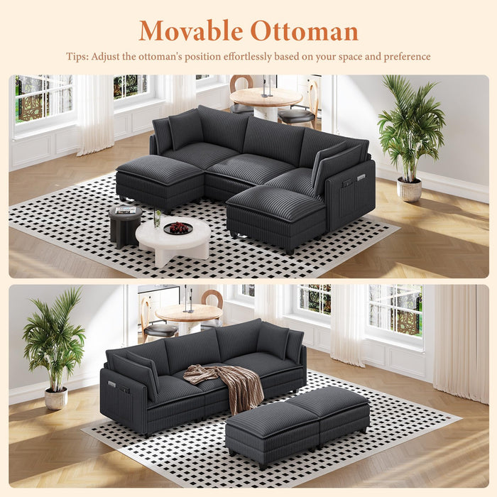 Vesgantti 109" U Shaped Cloud Sectional Sofa, Comfy Corduroy Upholstered Sectional Modular Sofas for Living Room, Modern Modular Couch with 2 Ottoman Deep Seat, Dark Grey